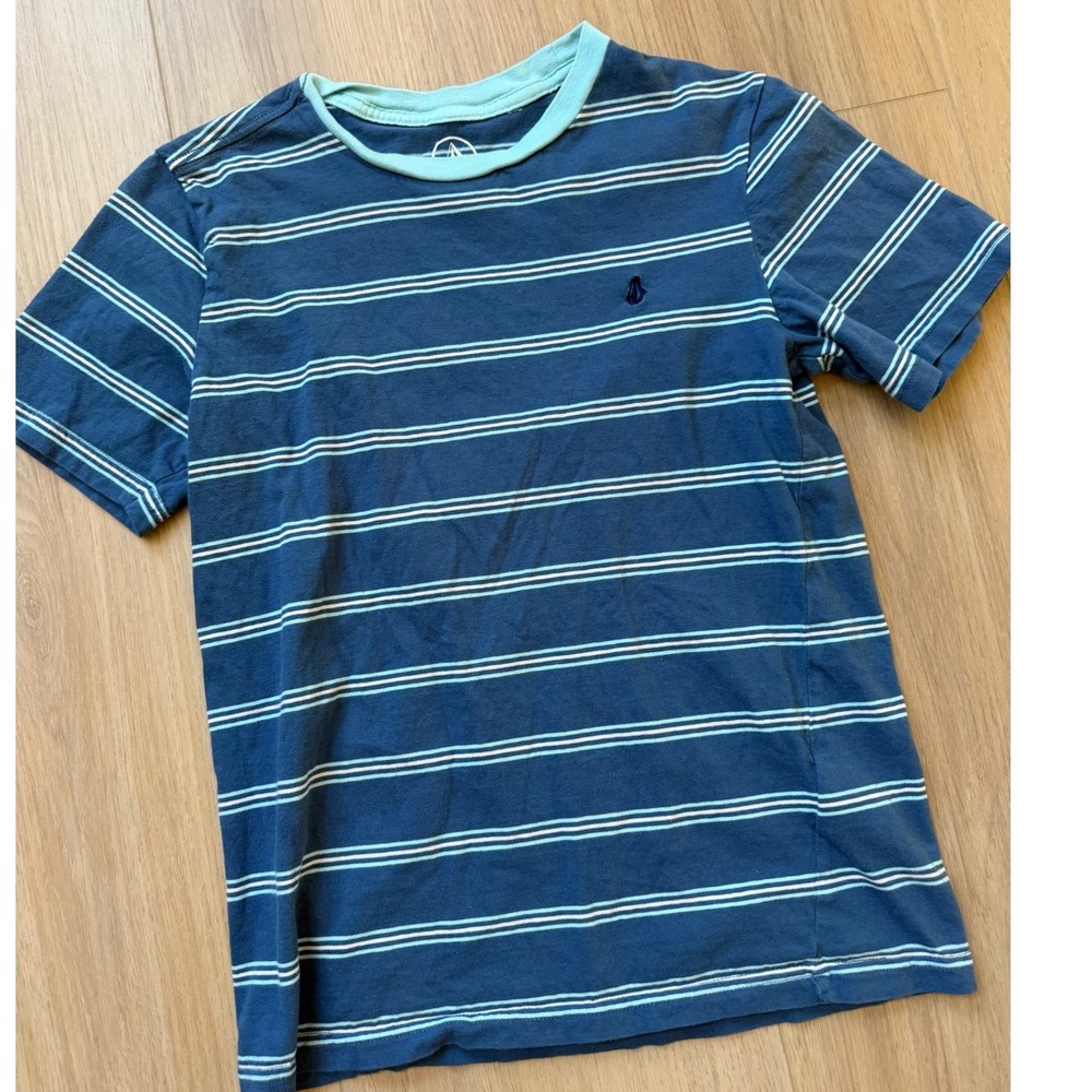 Volcom Kids Boys Blue Striped Short Sleeve T-Shirt Size Medium M Skate Tee